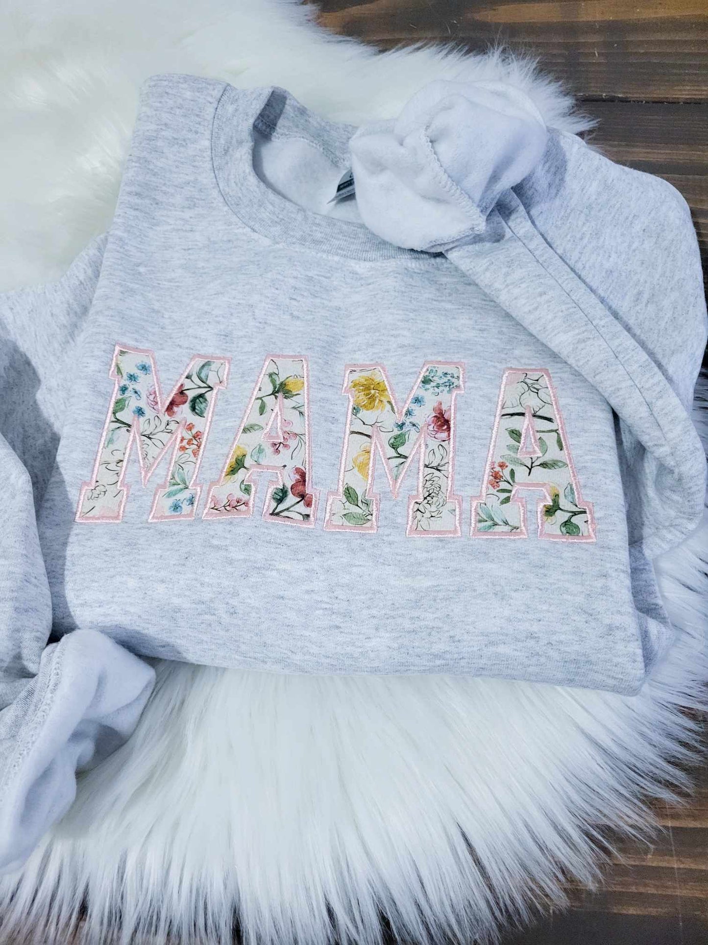Handmade Embroidered Crewneck – Spring Floral MAMA applique | Black Fox Clothing Co
