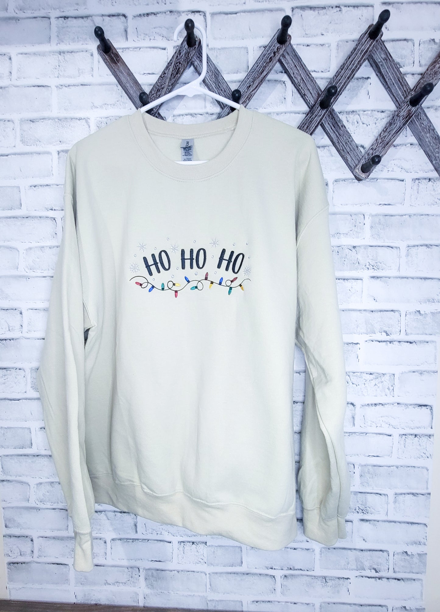 Handmade Embroidered Crewneck – Ho Ho Ho Christmas Lights | Black Fox Clothing Co