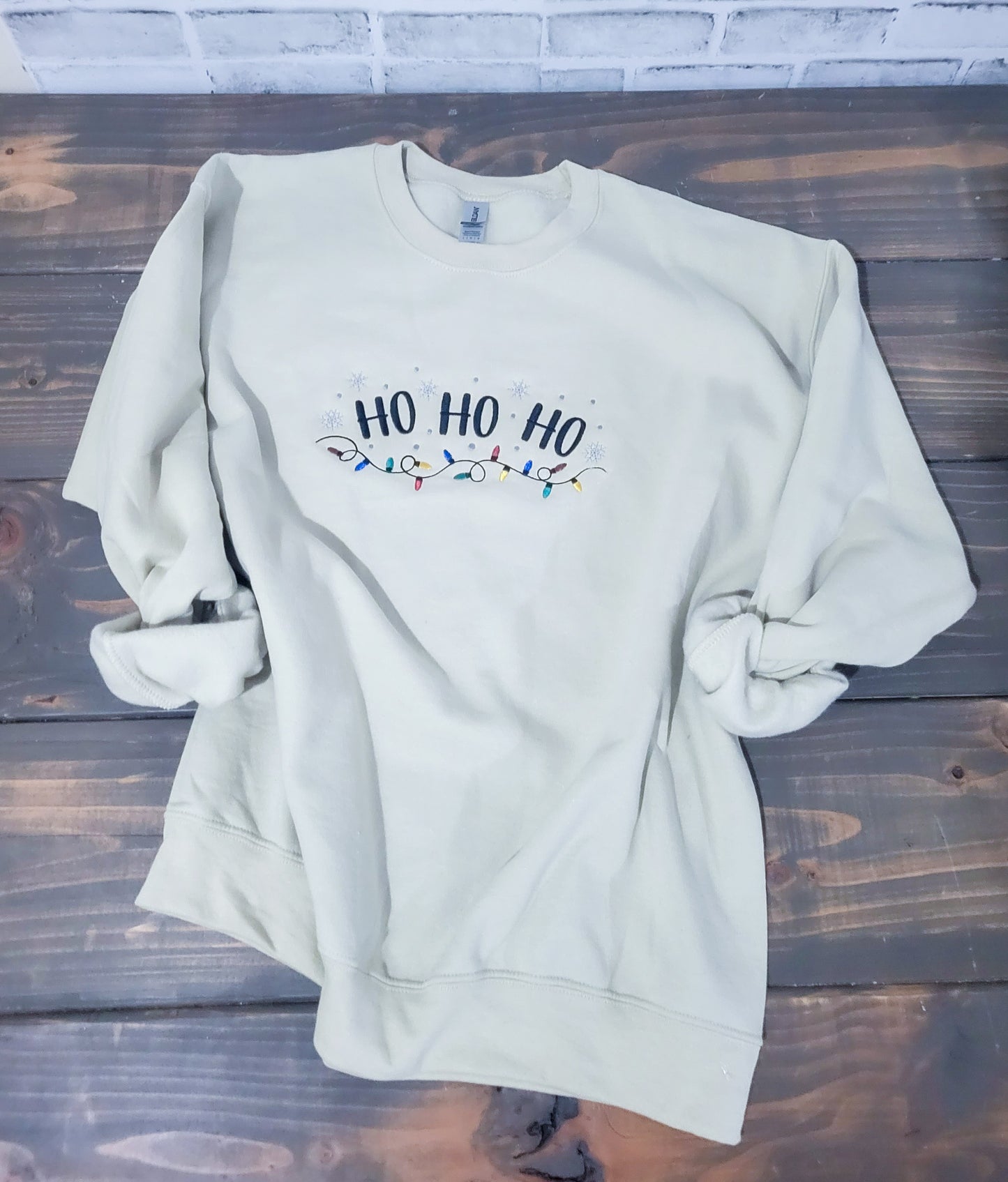 Handmade Embroidered Crewneck – Ho Ho Ho Christmas Lights | Black Fox Clothing Co
