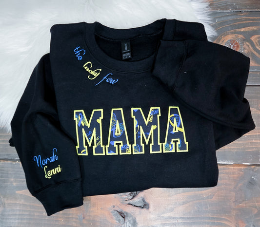 Handmade Embroidered Crewneck – MAMA Down Dyndrome Awareness | Black Fox Clothing Co