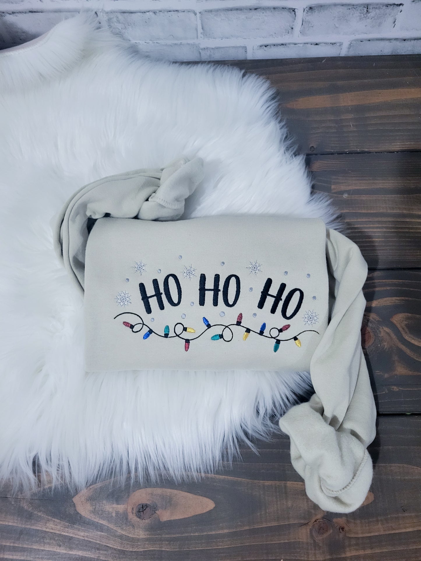 Handmade Embroidered Crewneck – Ho Ho Ho Christmas Lights | Black Fox Clothing Co