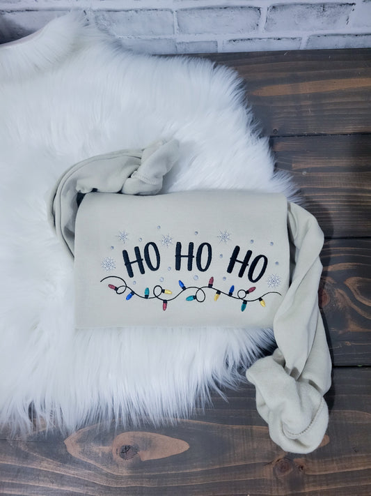 Handmade Embroidered Crewneck – Ho Ho Ho Christmas Lights | Black Fox Clothing Co