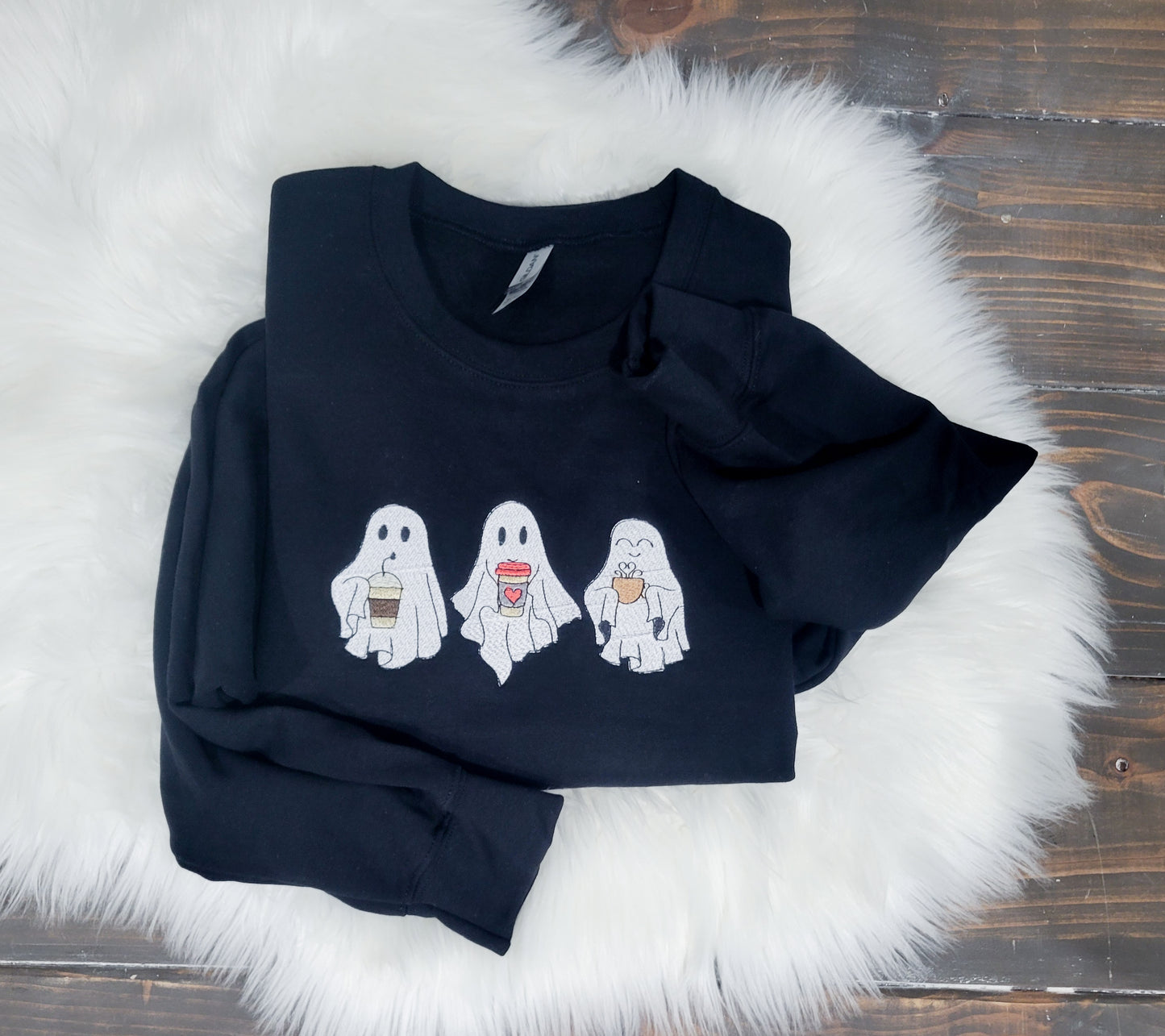 Handmade Embroidered Crewneck – Ghosts with Lattes | Black Fox Clothing Co