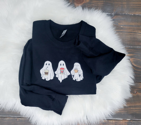 Handmade Embroidered Crewneck – Ghosts with Lattes | Black Fox Clothing Co