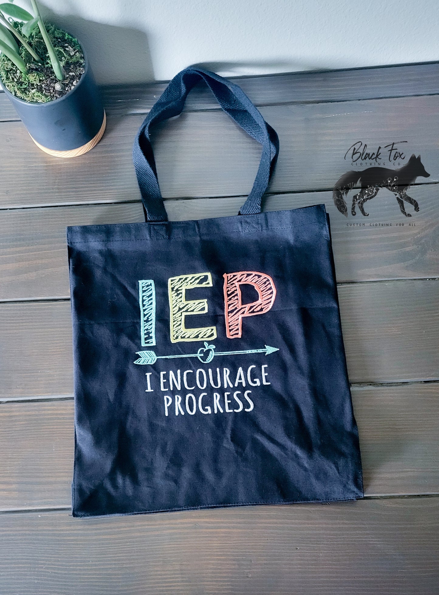 Handmade Embroidered Tote Bag – IEP encourage progress | Black Fox Clothing Co