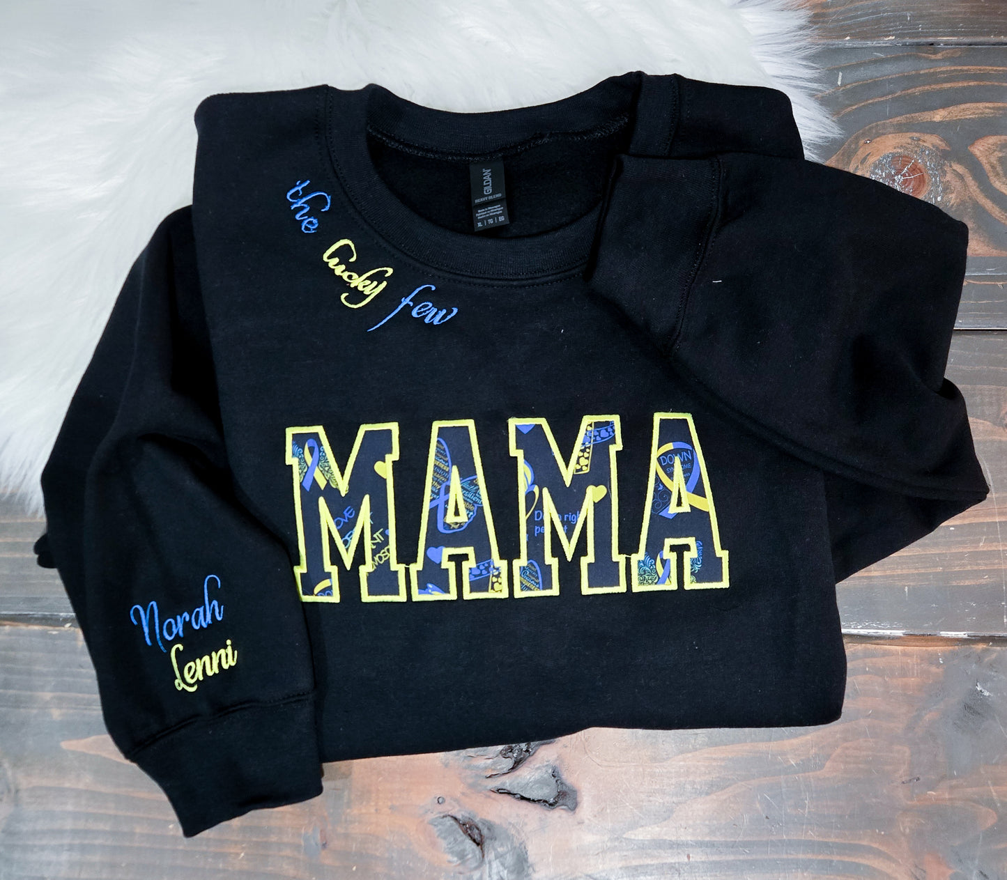 Handmade Embroidered Crewneck – MAMA Down Dyndrome Awareness | Black Fox Clothing Co